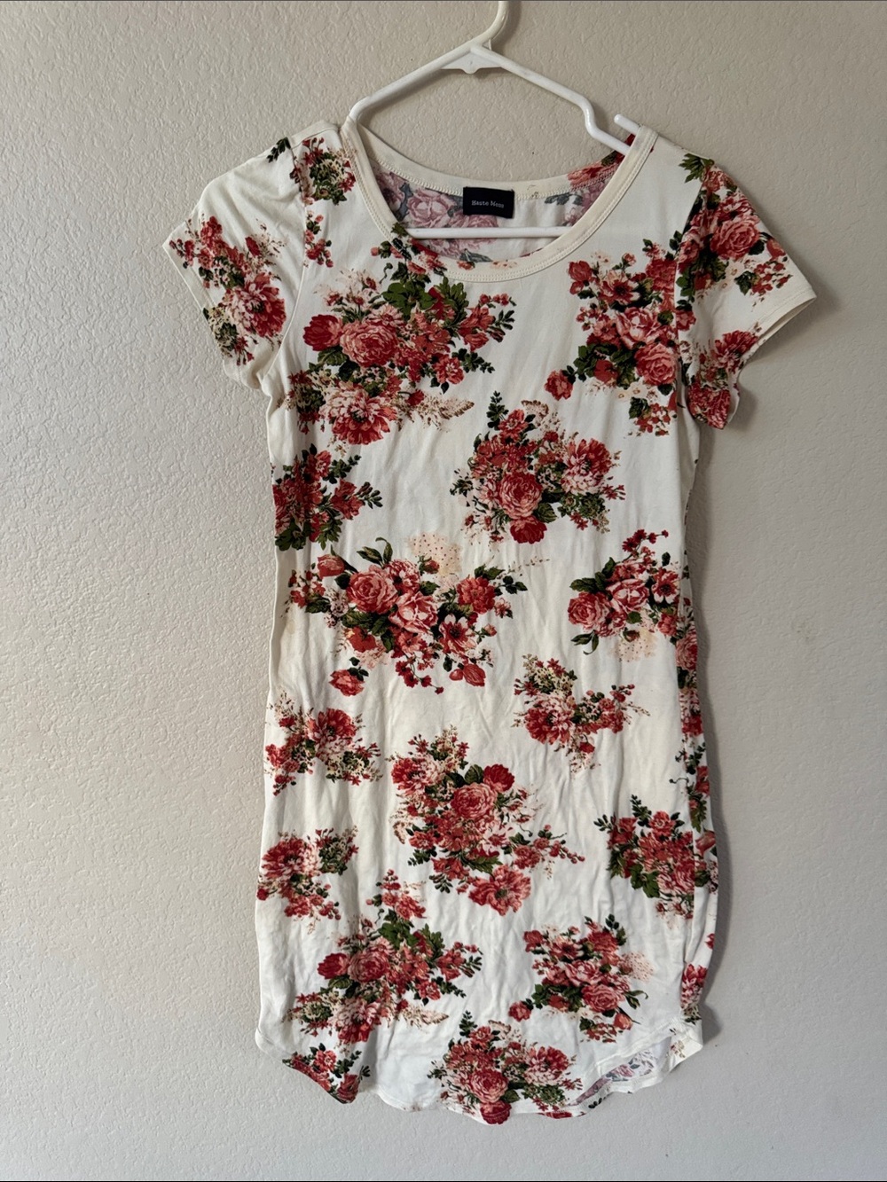 Floral Short Sleeve Cream Dress with Pink Blooms